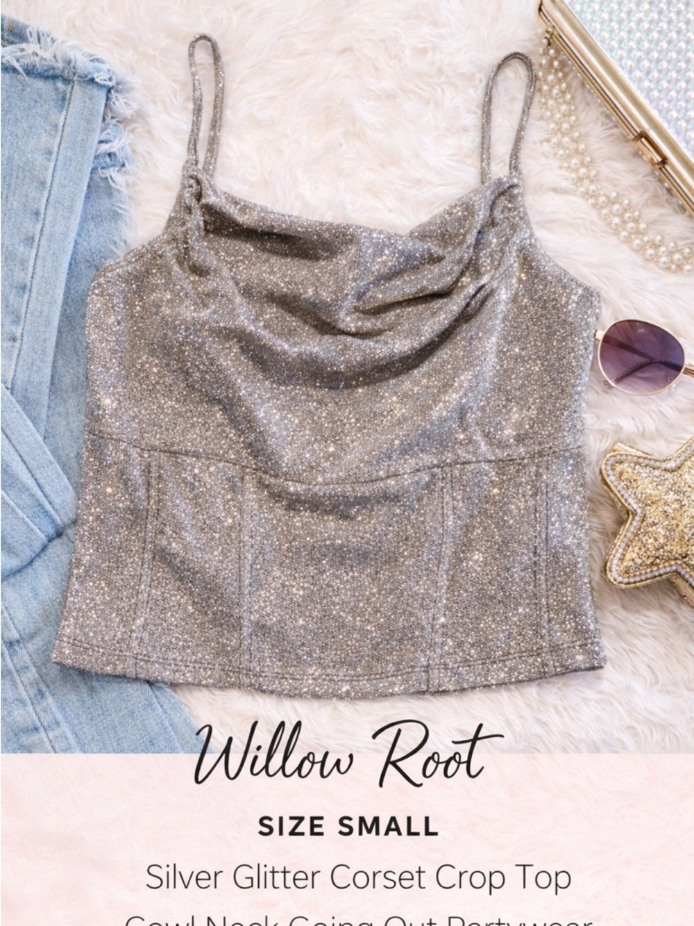 Willow- root  Silver Glitter Cowl Neck Corset Crop Top